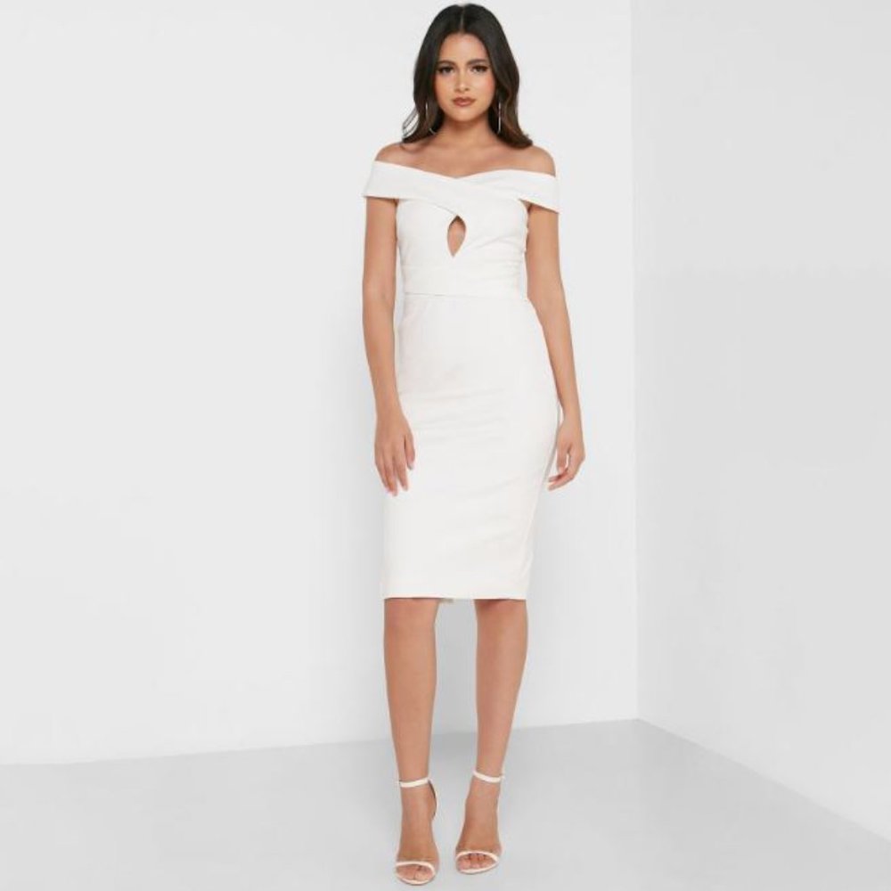 LAVISH ALICE Raelynn Off Shoulder Wrap Ponte Dress White 8